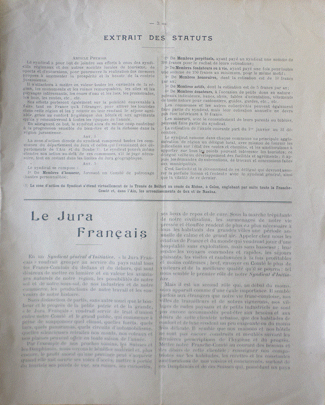 Le Jura Français N°1 Juin 1912 Éditorial et Status Le Jura Français Editorial N°1 1912 Status