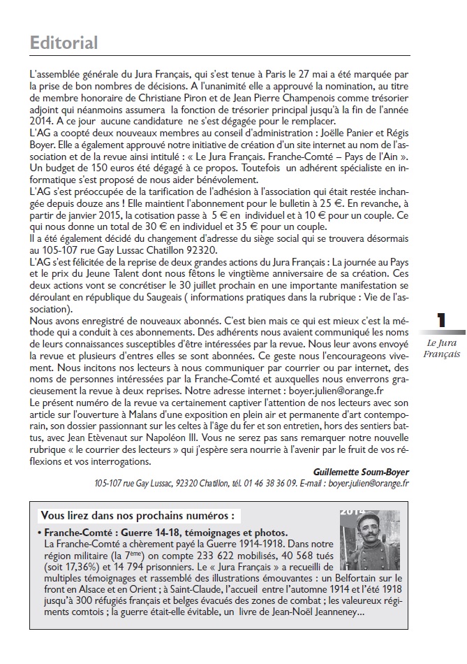 Éditorial du Bulletin Le Jura Français N° 302 Avril - Juin 2014 Le Jura Français Editorial N°302 page1