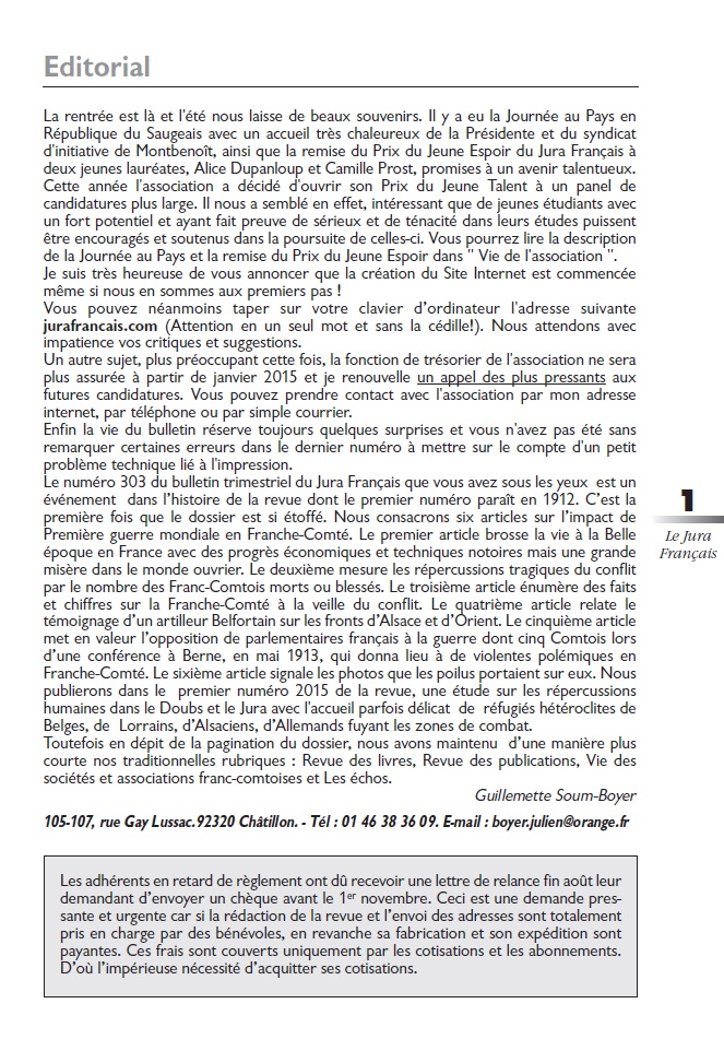 Éditorial du Bulletin Le Jura Français N° 303 Juillet - Septembre 2014 Le Jura Français Editorial N°303 page1