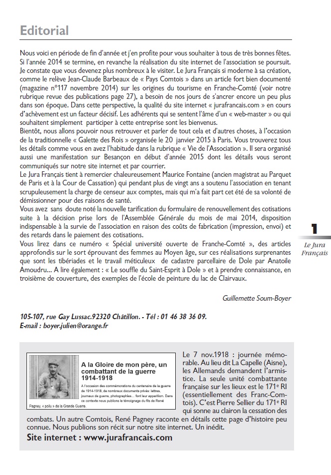 Éditorial du Bulletin Le Jura Français N°304 Octobre-Décembre 2014 Le Jura Français Editorial N°304 page1