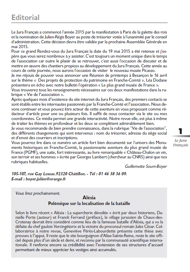 Éditorial du Bulletin Le Jura Français N°305 Janvier – Mars 2015 Le Jura Français Editorial N°305