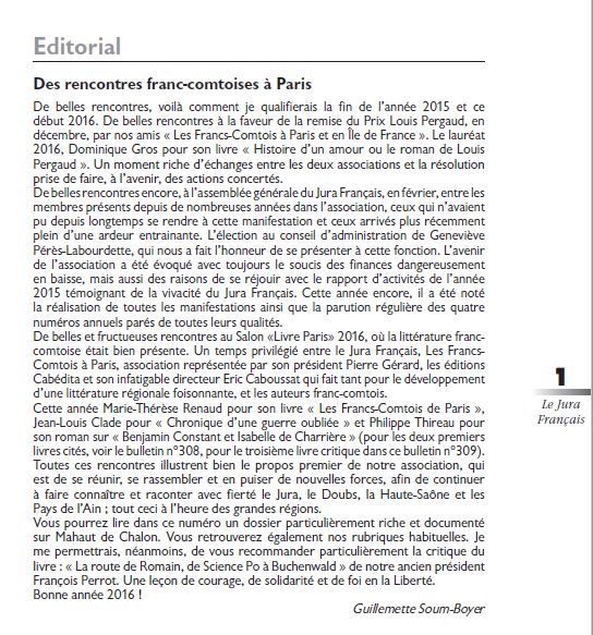 Le Jura Francais Editorial N 309 page1