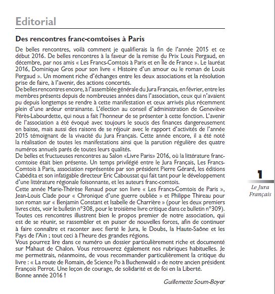 Le Jura Français Éditorial N°309 page1 Le Jura Francais Editorial N 309 page1