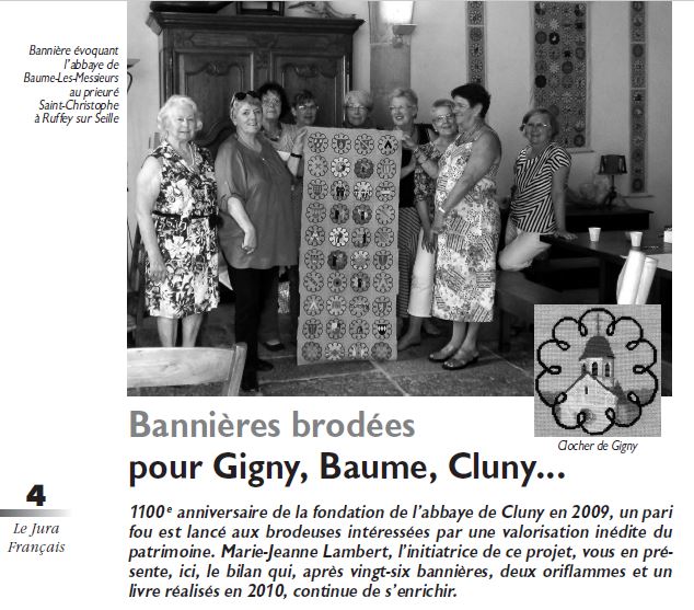 Le Jura Français Événements N°311 page 4 - Bannières brodées pour Gigny, Baume, Cluny de M-J Lambert Le Jura Francais Evenements N°311 page 4