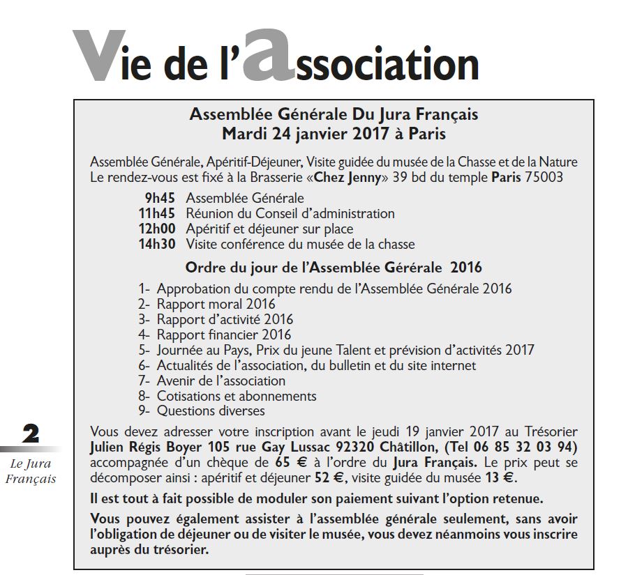 Le Jura Français Vie de l'association N°312 page 2 Annonce de l'Assemblée Générale Du Jura Français le Mardi 24 janvier 2017 à Paris Le Jura Francais Vie de l association N°312 page 2
