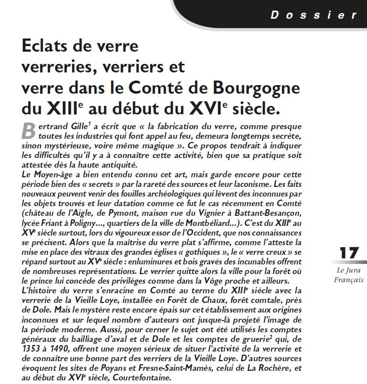 Le Jura Français Dossier N°313 page 17 Eclats de verre, verreries, verriers du XIIIe au début du XVIe siècle par Jacky Theurot Le Jura Francais Dossier N 313 page 17