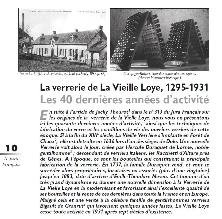 Le Jura Français Dossier N°314 page 10 La verrerie de La Vieille Loye, les 40 dernières années, de Jean-Claude Charnoz, Compte Rendu de Michelle Bugnon Le Jura Francais Dossier N 314 page 10