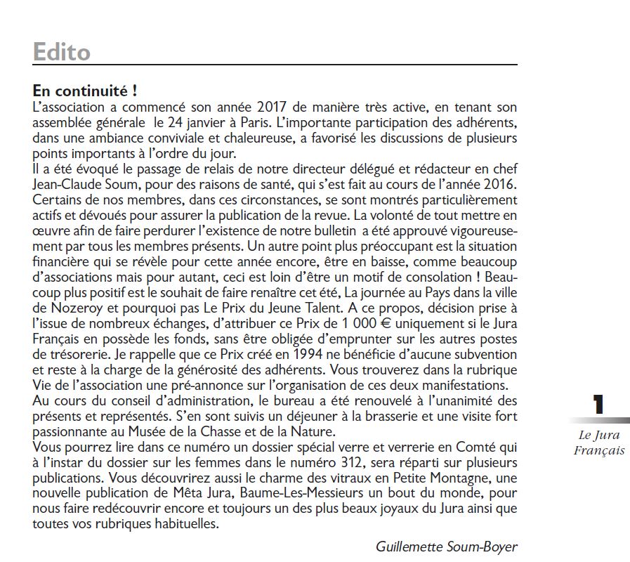 Le Jura Francais Editorial N 313 page1