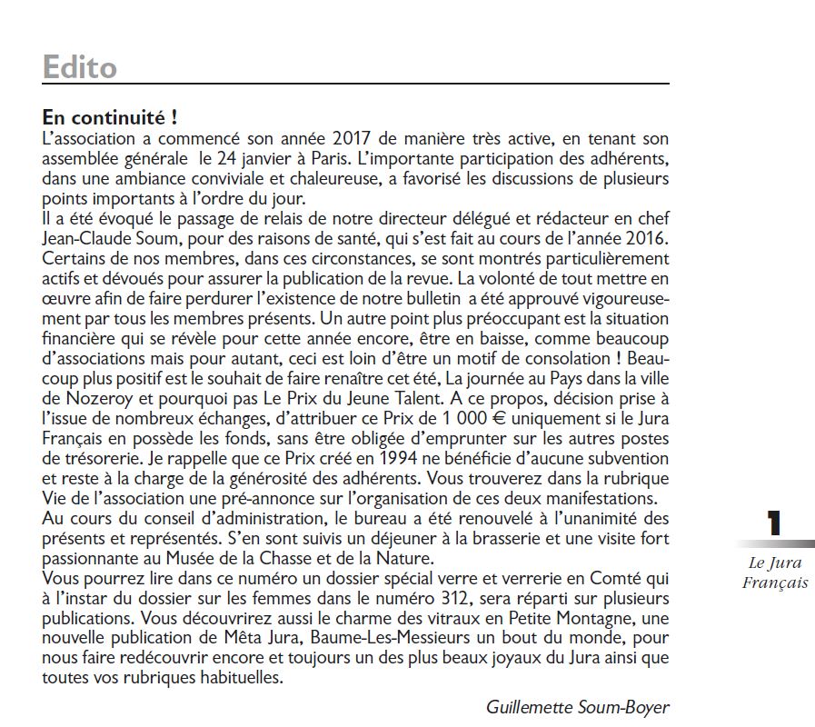 Le Jura Francais Editorial N 313 page1