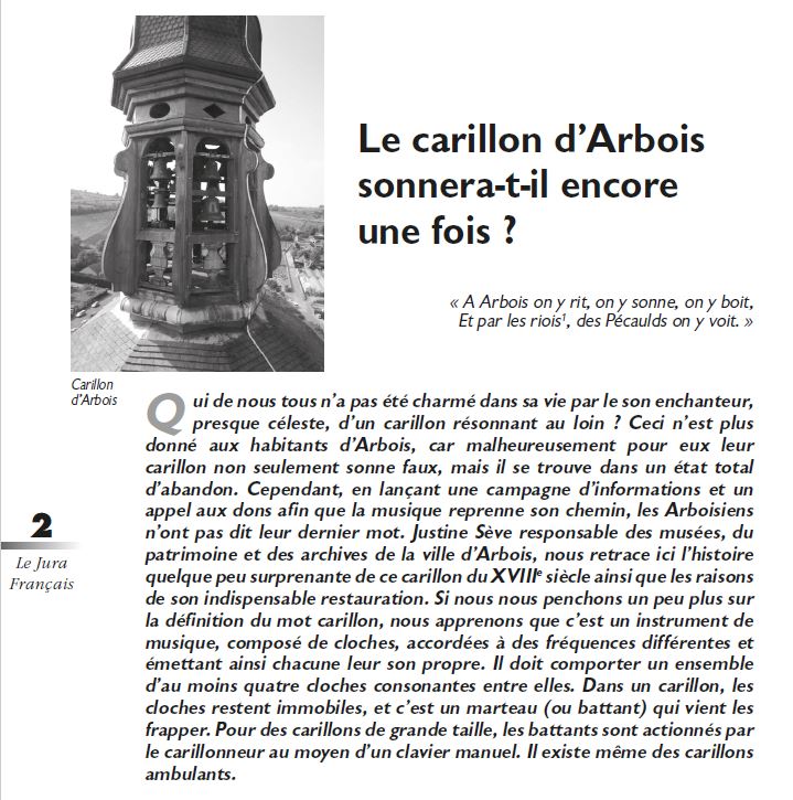 Le Jura Français Evénements N°314 page 2 Le carillon d’Arbois sonnera-t-il encore une fois par Justine Sève Le Jura Francais Evenements N 314 page 2
