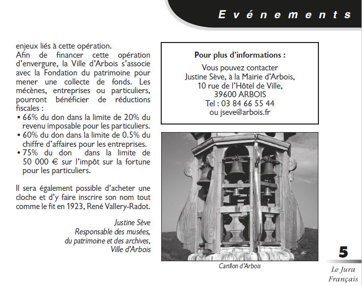 Le Jura Français Evénements N°314 page 5 Le carillon d’Arbois sonnera-t-il encore une fois par Justine Sève Le Jura Francais Evenements N 314 page 5