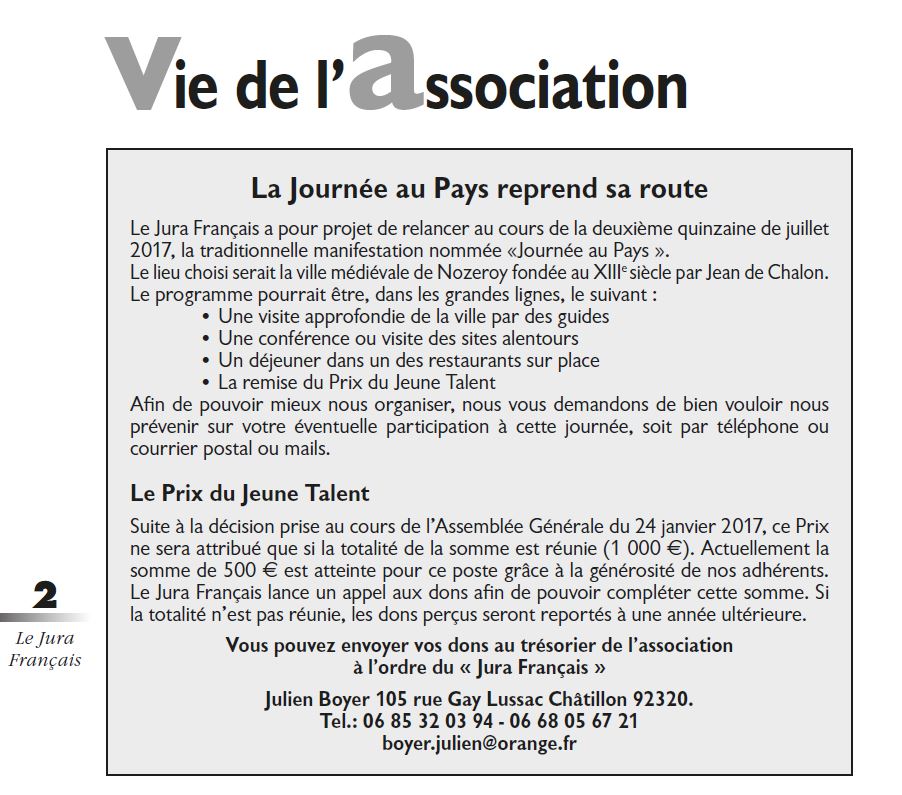 Le Jura Francais Vie de l association N 313 page 2-1 Journee au Pays et Prix du Jeune Talent