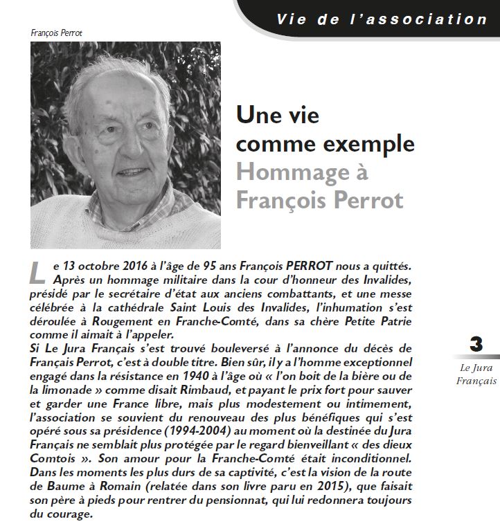 Le Jura Francis Vie de l'association N 313 page 3 Hommage a Francois Perrot