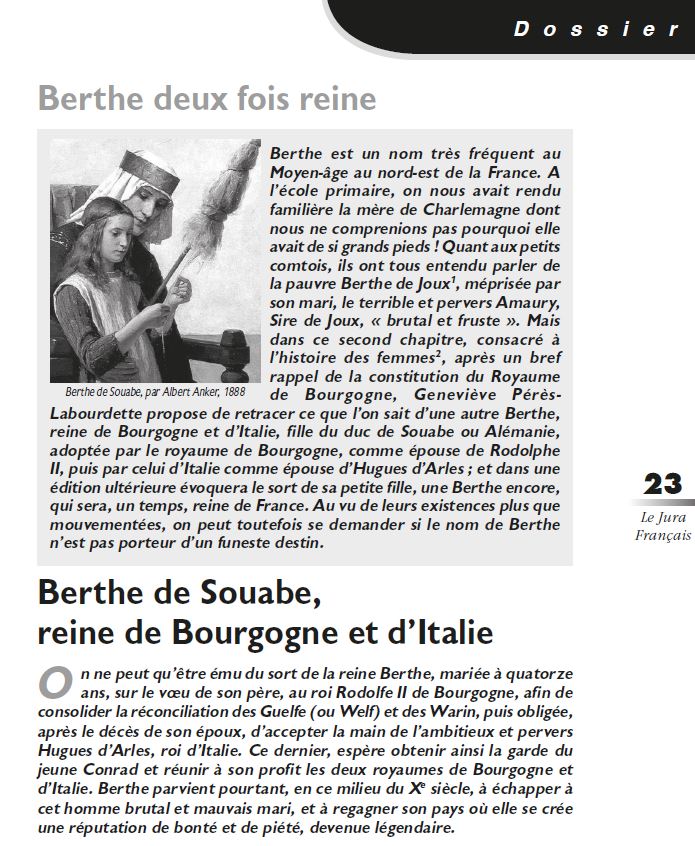 Le Jura Français Dossier N°315-316 page 23 Berthe de Souabe par Geneviève Pérès-Labourdette Le Jura Francais Dossier N 315-316 page 23