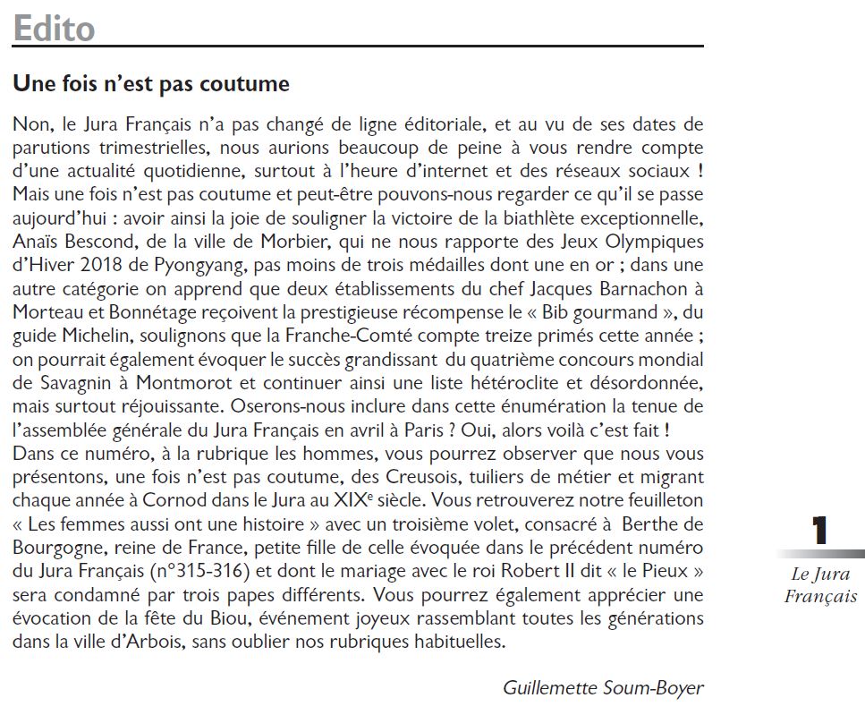 Le Jura Francais Editorial N 317 page1