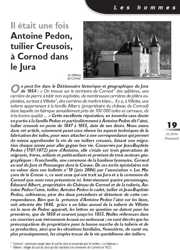 Le Jura Français Les hommes N°317 page 19 Antoine Pedon tuilier Creusois à Cornod dans le Jura par Guillemette Soum-Boyer Le Jura Francais Les hommes N 317 page 19