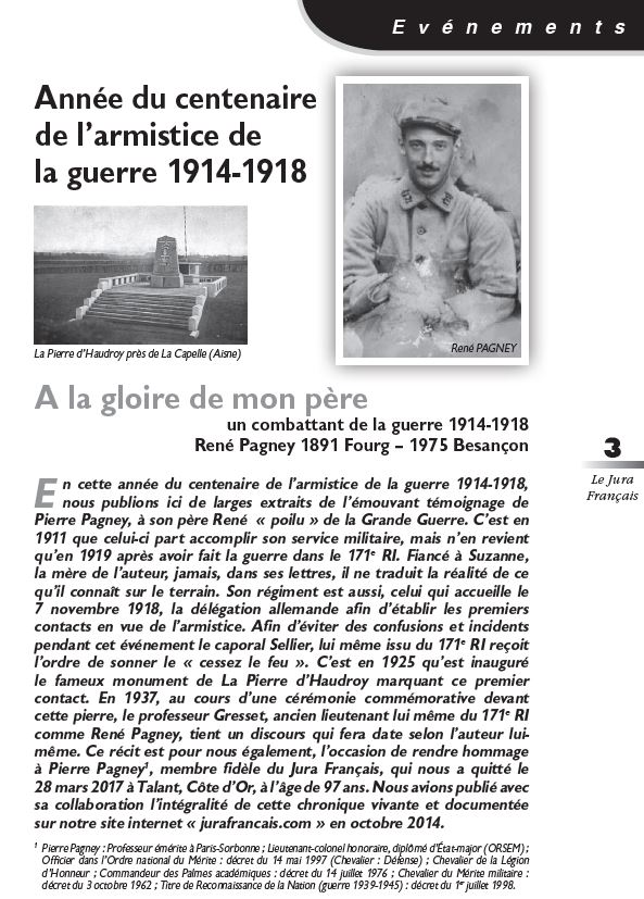 Le Jura Français Evénements N°320 page 3 A la gloire de mon père (armistice 14-18) Le Jura Français Evénements N 320 page 3