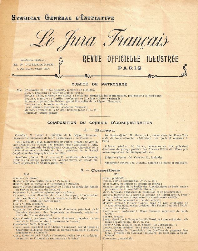 Jura Francais N 1 Juin 1912 page 2 - Comite de Patronage