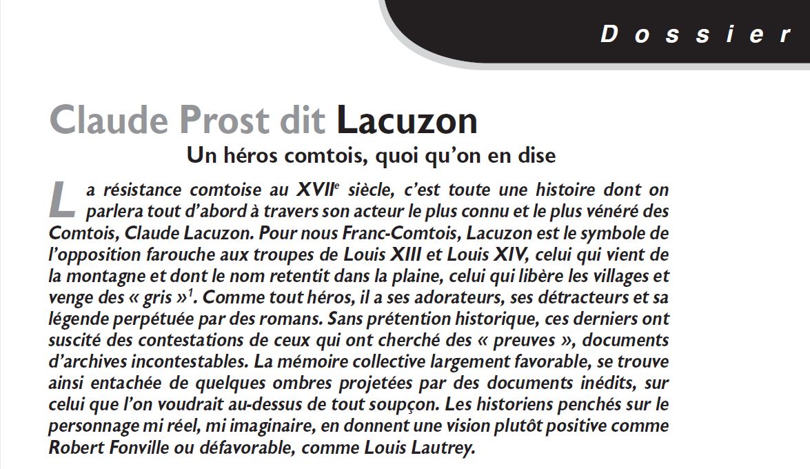 Le Jura Français Dossier N°321 page 9 Claude Prost dit Lacuzon Un héros comtois, quoi qu’on en dise Le Jura Francais Dossier N 321 page 9