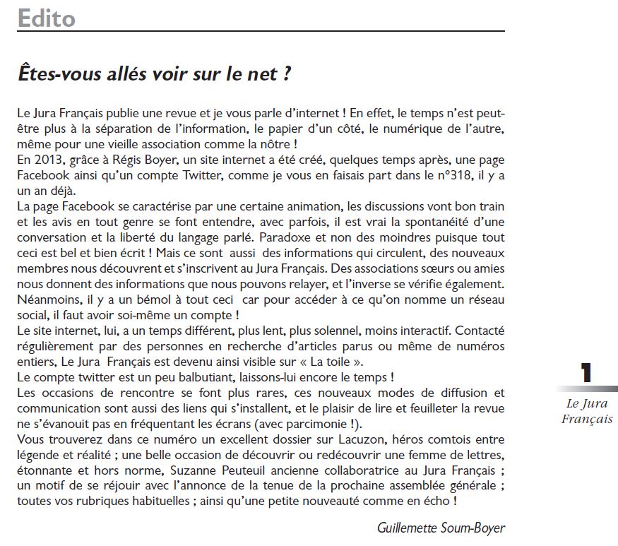 Le Jura Francais Editorial N 321 page 1