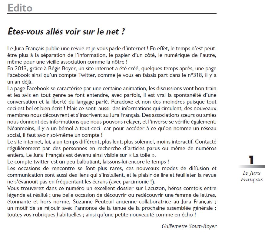 Le Jura Français Editorial N°321 page 1 Le Jura Francais Editorial N 321 page 1
