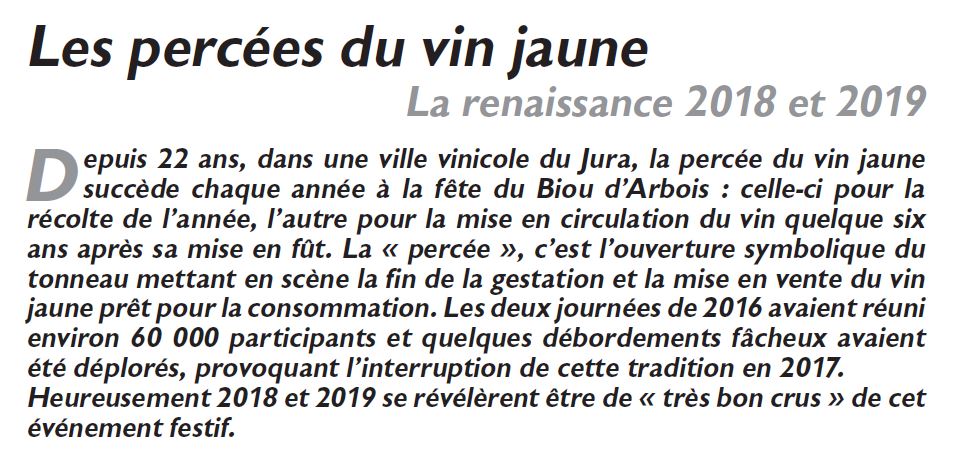 Le Jura Français Evénements N°321 page 28 Les percées du vin jaune, La renaissance 2018 et 2019 Le Jura Francais Evenements N 321 page 28