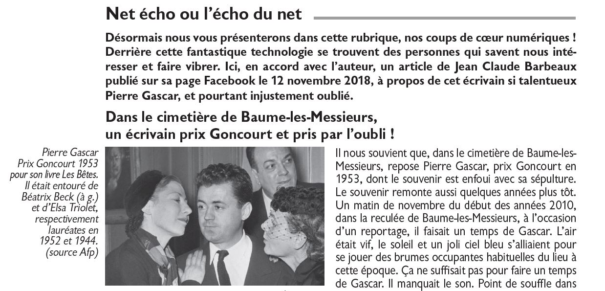 Le Jura Français Les hommes N°321 page 32 Echo du net, Pierre Gascar, Prix Goncourt 1953 Le Jura Francais Les hommes N 321 page 32