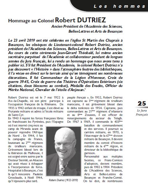 Le Jura Français Les hommes N°322 page 25 Hommage au Colonel Robert DUTRIEZ Le Jura Francais Les hommes N 322 page 25