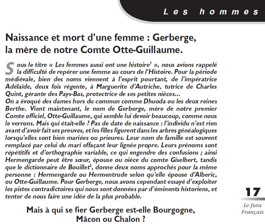 Le Jura Français Les hommes N°325 page 17 Gerberge, la mère de notre Comte Otte-Guillaume Le Jura Francais Les hommes N 325 page 17