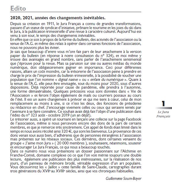 Le Jura Français Editorial N°326 page1