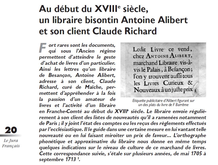 Le Jura Français Les hommes N°328 page 20 un libraire bisontin Antoine Alibert...